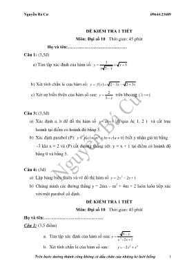 Đề kiểm tra 1 tiết môn Đại số 10 thời gian 45 phút